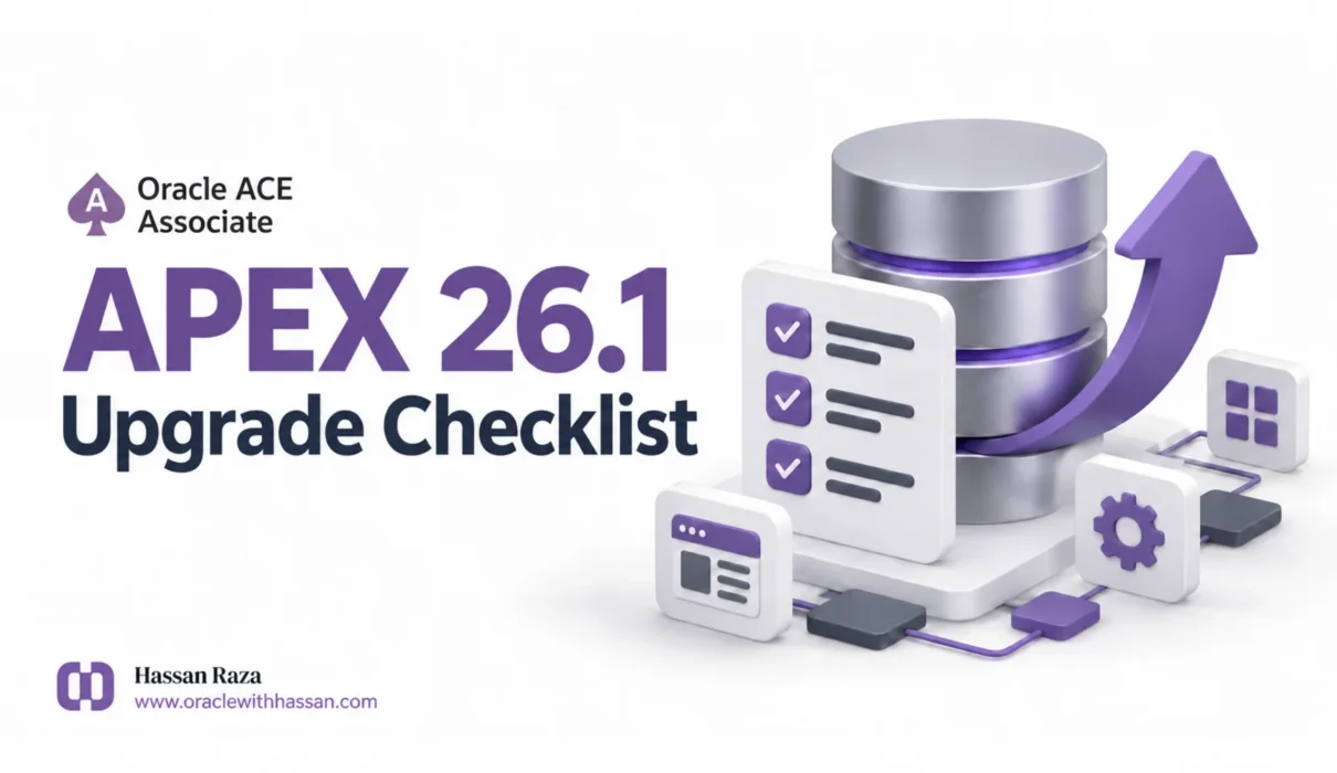 Oracle APEX 26.1 upgrade checklist with a database, checklist and upward arrow, featuring Oracle with Hassan and Oracle ACE Associate branding.