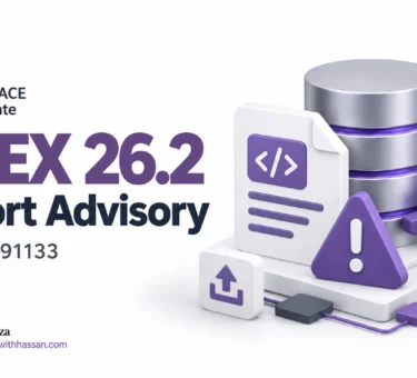 Oracle APEX 26.2 import issue advisory for bug 40091133, illustrated with a database, import document and warning symbol.