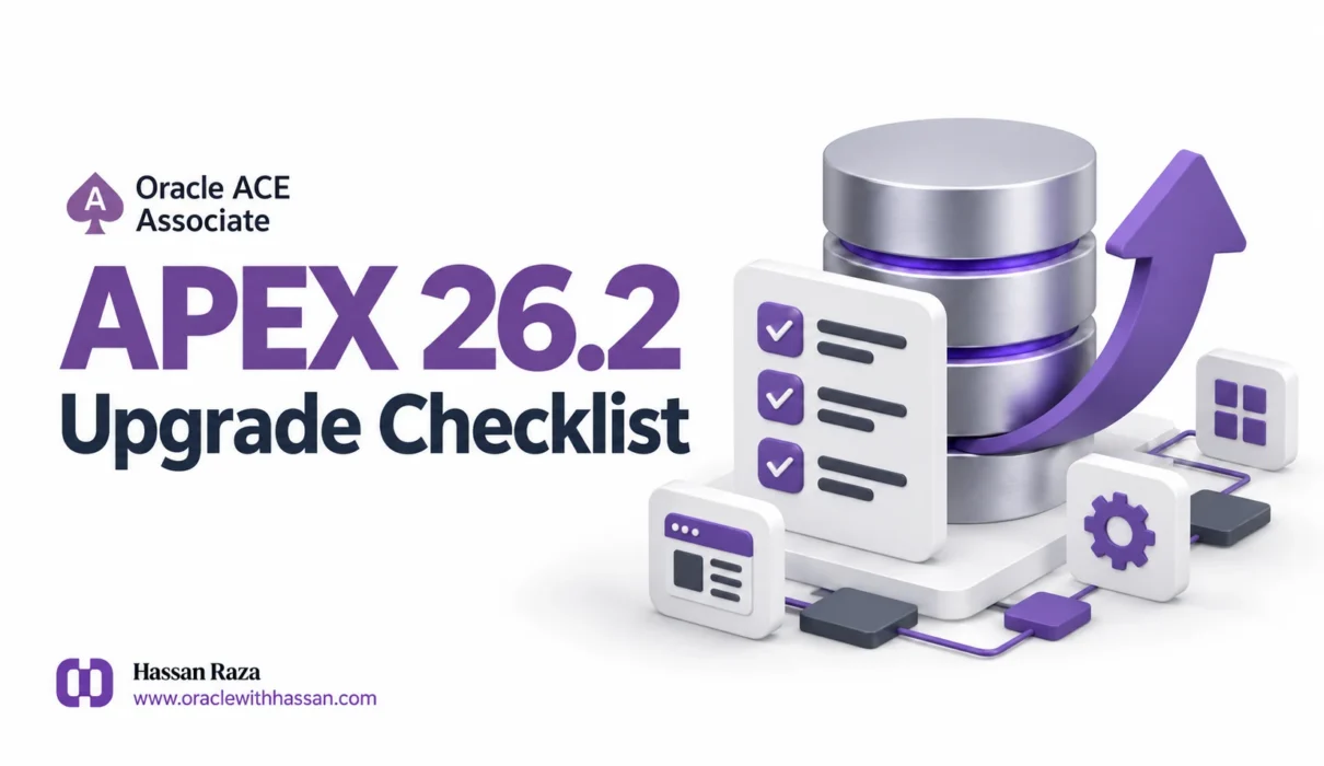 Oracle APEX 26.2 upgrade checklist, illustrated with a database, checked tasks and an upward arrow.