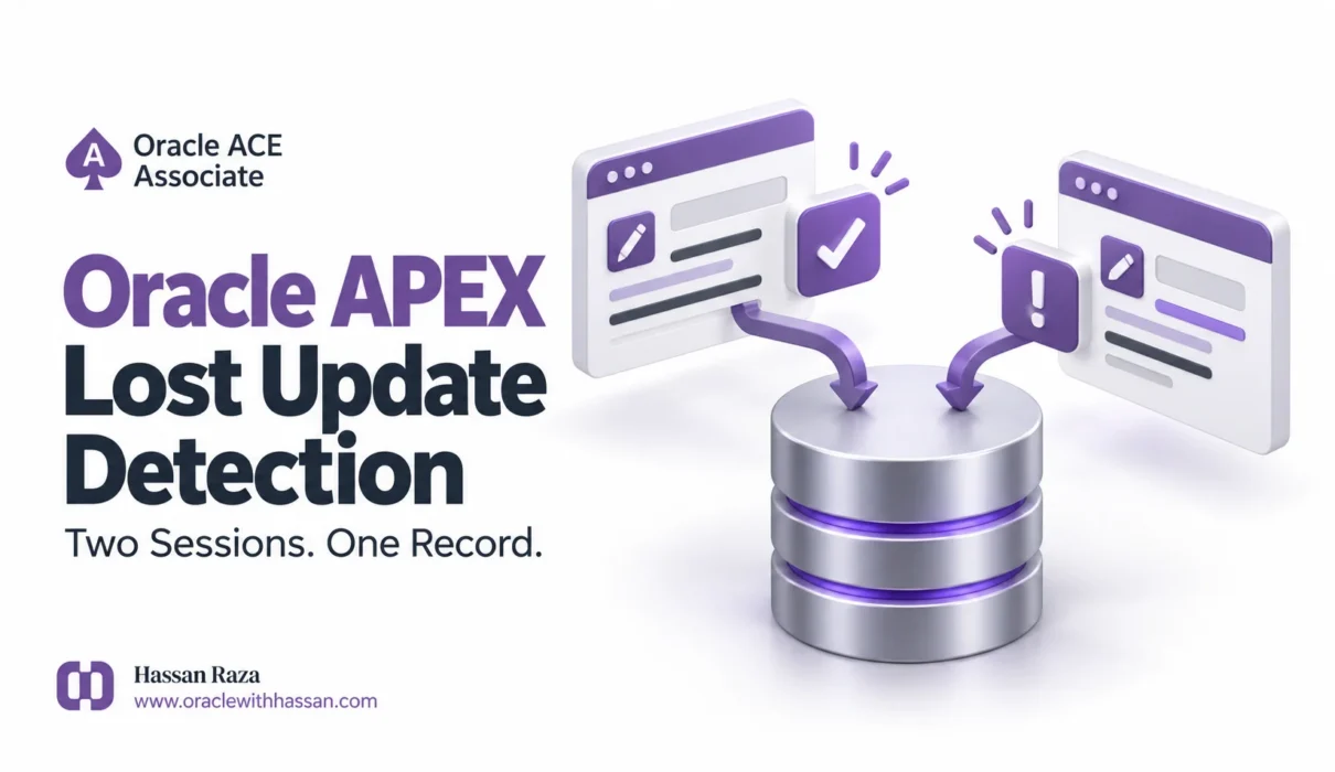 Oracle APEX lost update detection illustration showing two editing sessions and a rejected stale save