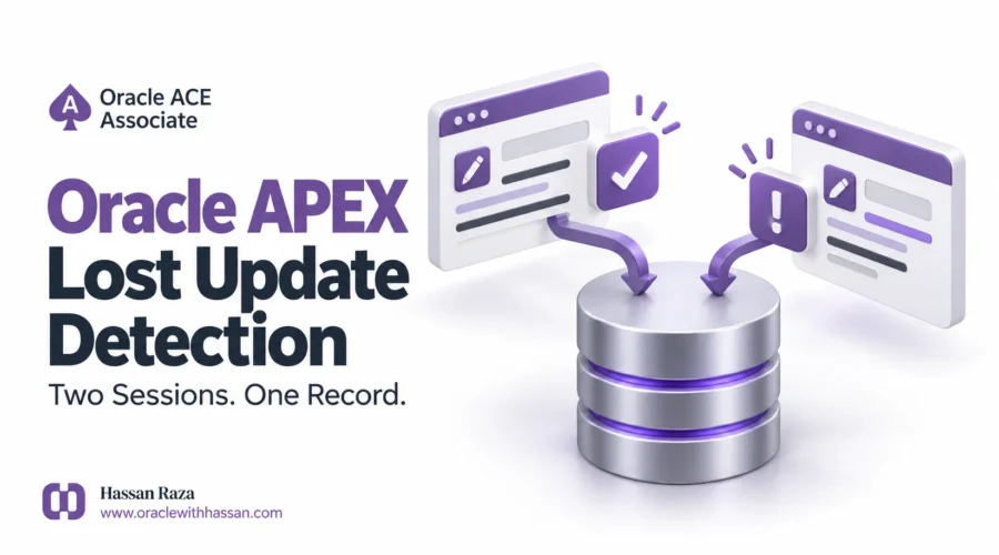 Oracle APEX lost update detection illustration showing two editing sessions and a rejected stale save